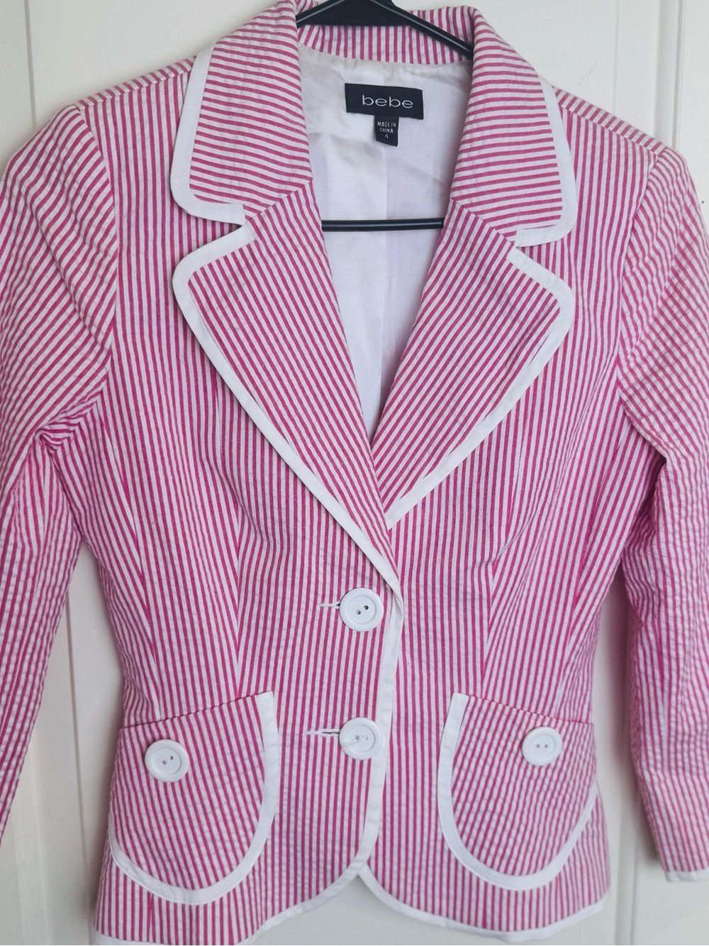 bebe Pink White Seersucker Striped Blazer Jacket Size 4